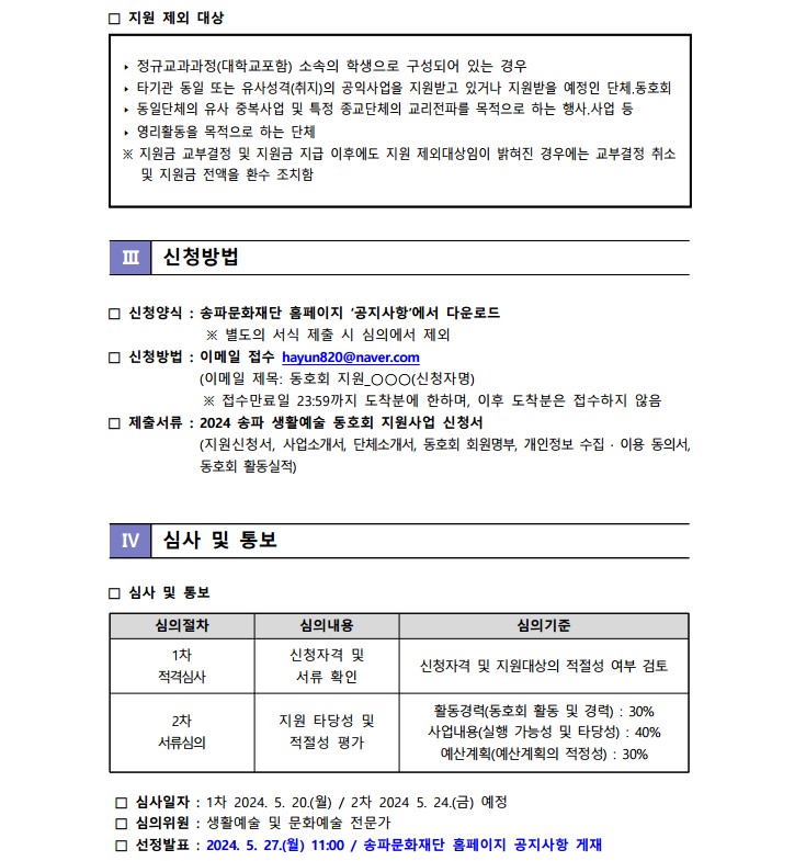 지원 제외 대상 • 정규교과과정(대학교포함) 소속의 학생으로 구성되어 있는 경우 • 타기관 동일 또는 유사성격(취지)의 공익사업을 지원받고 있거나 지원받을 예정인 단체, 동호회 • 동일단체의 유사 중복사업 및 특정 종교단체의 교리전파를 목적으로 하는 행사, 사업 등 • 영리활동을 목적으로 하는 단체 ※ 지원금 교부결정 및 지원금 지급 이후에도 지원 제외대상임이 밝혀진 경우에는 교부결정 취소 및 지원금 전액을 환수 조치함 신청방법 신청양식 : 송파문화재단 홈페이지 '공지사항'에서 다운로드 ※ 별도 의 서식 제출 시 심의에서 제외 □ 신청방법 : 이메일 접수 hayun820@naver.com (이메일 제목: 동호회 지원_○○○(신청자명) ※ 접수만료일 23:59까지 도착분에 한하며, 이후 도착분은 접수하지 않음 제출서류: 2024 송파 생활예술 동호회 지원사업 신청서 (지원신청서, 사업소개서, 단체소개서, 동호회 회원명부, 개인정보 수집·이용 동의서, 동호회 활동실적) IV 심사 및 통보 □ 심사 및 통보 심의절차 심의내용 심의기준 1차 적격심사 신청자격 및 서류 확인 신청자격 및 지원대상의 적절성 여부 검토 활동경력(동호회 활동 및 경력): 30% 사업내용(실행 가능성 및 타당성): 40% 예산계획(예산계획의 적정성): 30% 2차 서류심의 지원 타당성 및 적절성 평가 □ 심사일자: 1차 2024. 5. 20.(월) / 2차 2024 5. 24.(금) 예정 □ 심의위원 생활예술 및 문화예술 전문가 □ 선정발표: 2024. 5. 27.(월) 11:00 / 송파문화재단 홈페이지 공지사항 게재